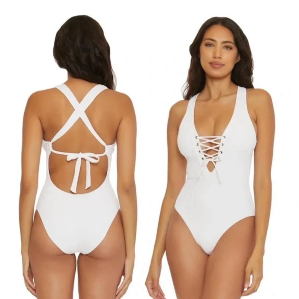 NWOT $148 Becca Modern Edge White Ribbed  Lace-Up One-Piece Swimsuit Size Large